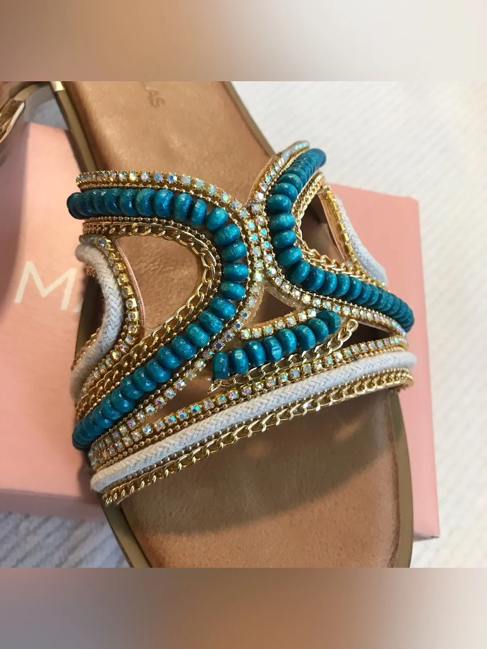 Tsakiris Mallas Greek Leather Flat Sandals Turquoise Beaded EU 41 US 10.5 NIB